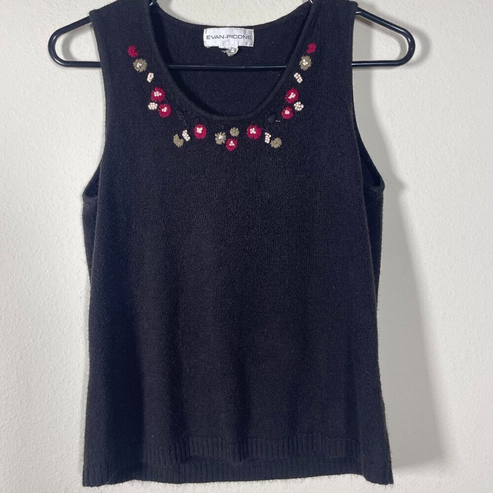 Evan Picone Women's Vintage Black Sleeveless Embroidered Floral Top Small!